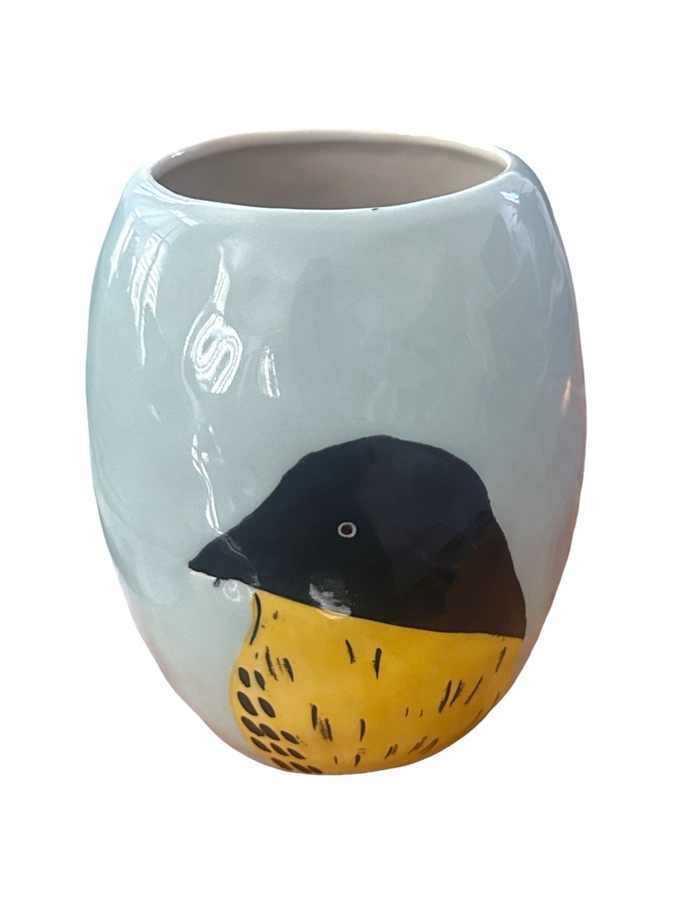 West Elm Hand Painted Bird Ceramic Vase in Aqua Blue, Yellow & Black 6.5"